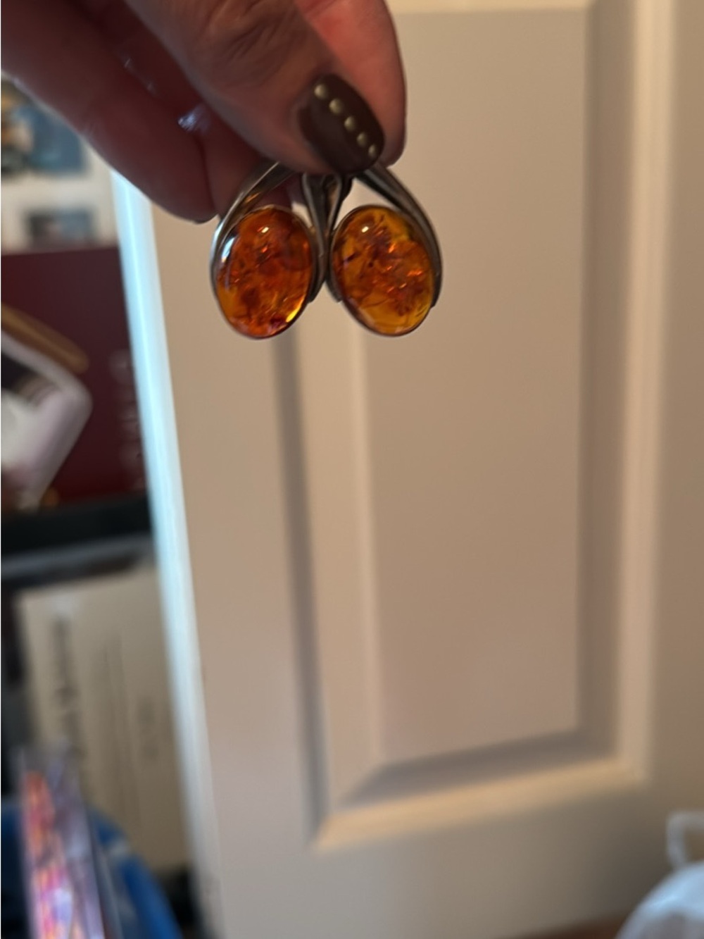 Amber Teardrop Dangle Earrings - Silver Tone